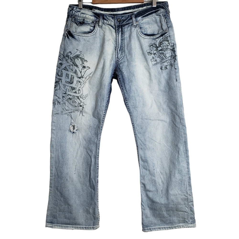 Buffalo David Bitton Jeans Men's Size 34  Light Wash Straight Leg Y2K Design Blu